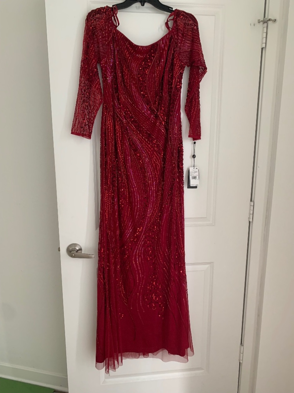 Adrianna Papell Cranberry Beaded Off-Shoulder Gown Long Sleeve NWT Sz 10